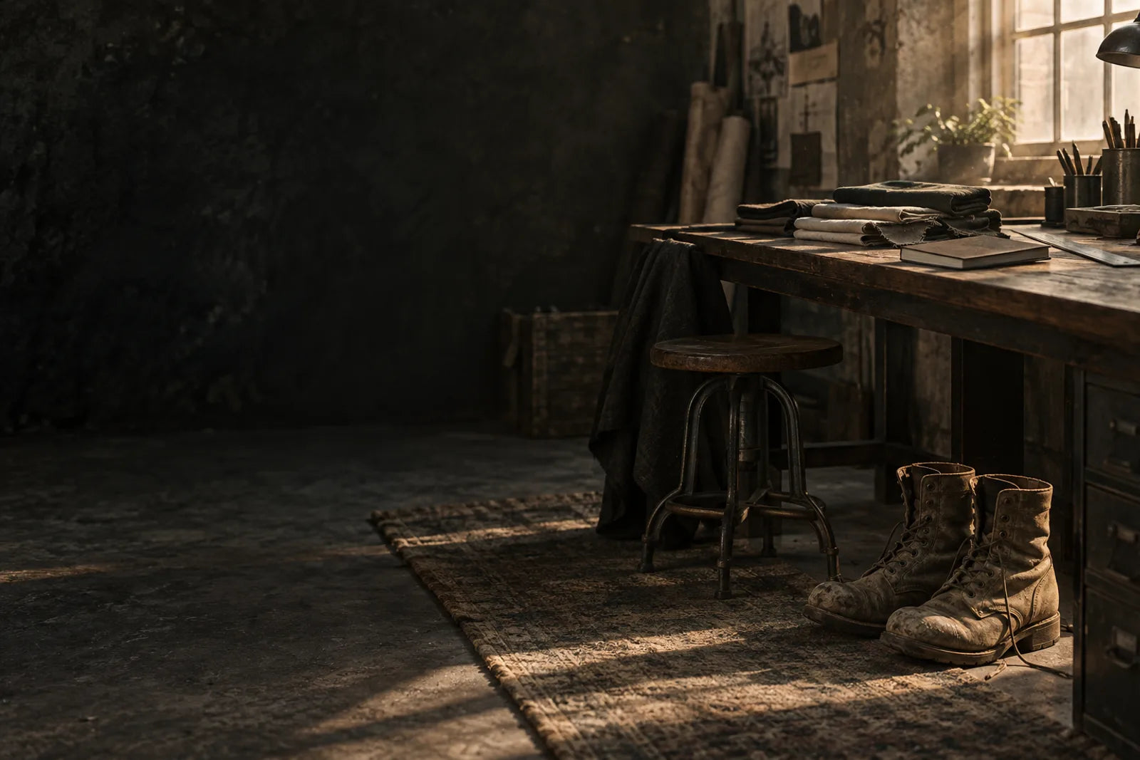Illustrative editorial of worn boots and design materials in a quiet workshop at dawn