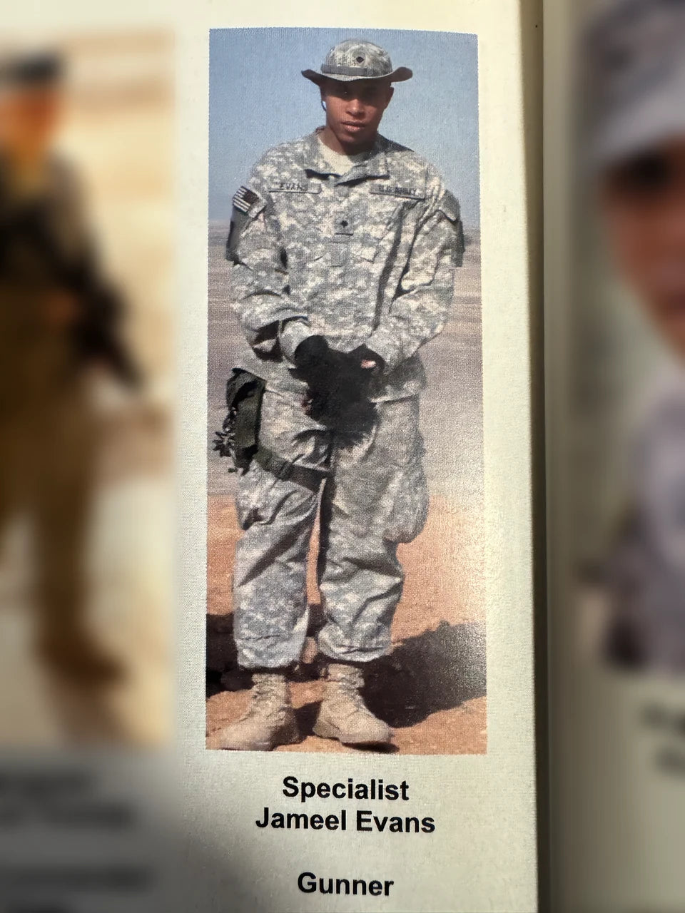 Jameel Evans in his military service portrait, with the printed title Specialist / Gunner